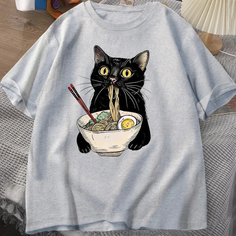 Sizes to 3XL T Shirts Black Cat Ramen Noodle T-Shirts Retro Casual Short Sleeve