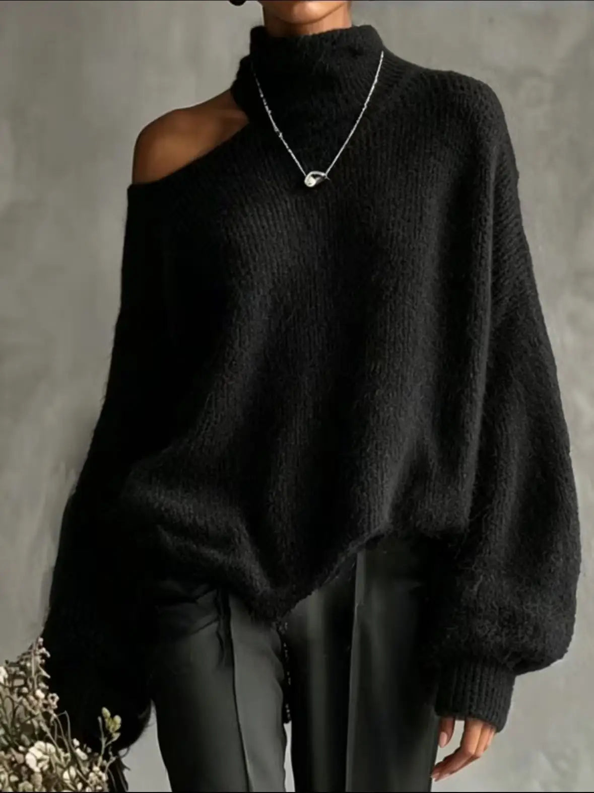 Off-Shoulder High-Collar Loose Knit Pullover, Long Sleeve, 10 Colors in sizes to 2XL