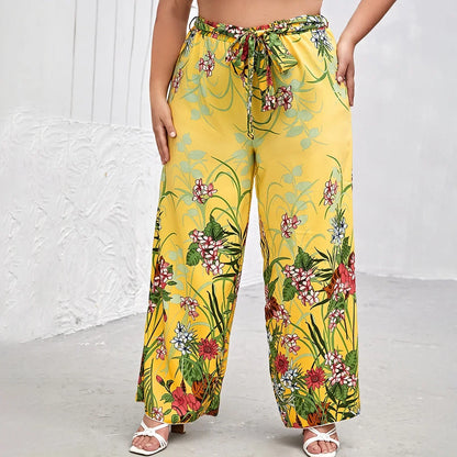 Sizes to 8XL!!!!       Boho Floral Print Summer Elegant Wide Leg Pants Elastic Waist with Sashes Casual Yellow