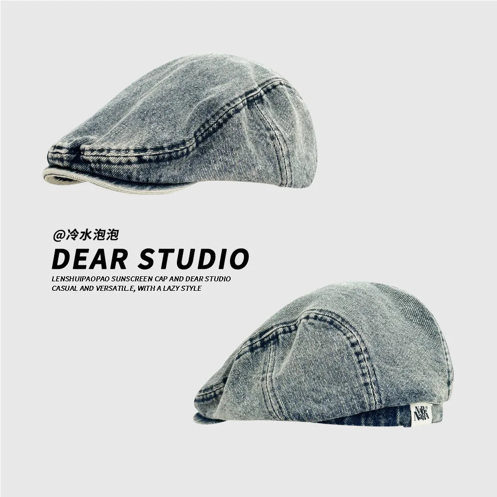 Quality Retro Pre-Washed Denim Beret Versatile Good Face-forward Hat