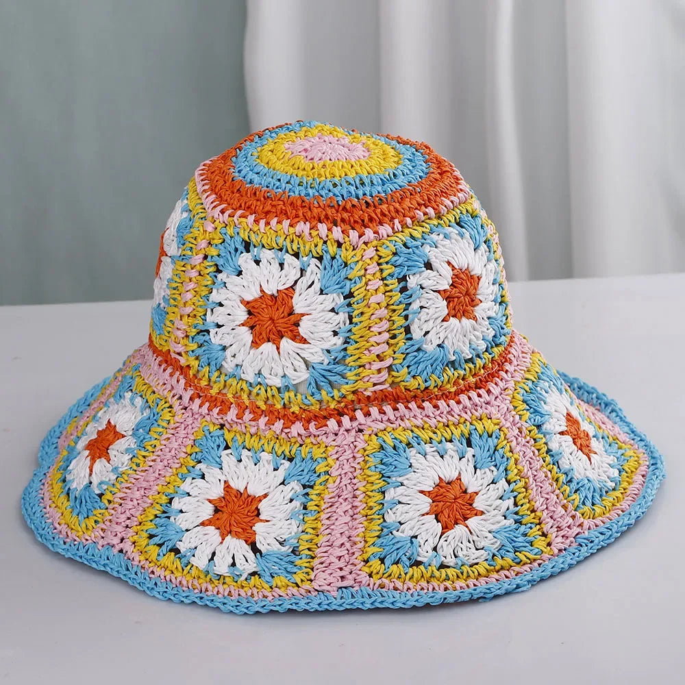 Bright Colored Floweed Crocheted Fisherman Hat