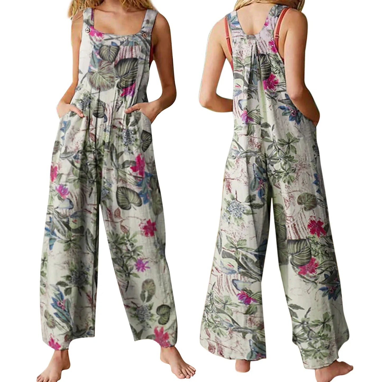 S-3XL Cotton and Linen Jumpsuit Square Neck Sleeveless with Adjustable Straps Casual Loose Overalls with Pockets