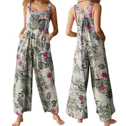 S-3XL Cotton and Linen Jumpsuit Square Neck Sleeveless with Adjustable Straps Casual Loose Overalls with Pockets