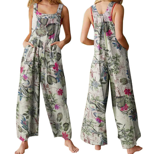 S-3XL Cotton and Linen Jumpsuit Square Neck Sleeveless with Adjustable Straps Casual Loose Overalls with Pockets