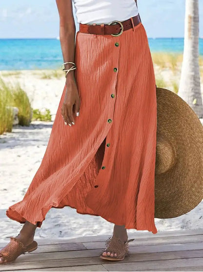 Size to 5XL Button Front Solid Color Split, A-line Mid-waist Long Skirt in White, Green, Navy, Black, and Salmon Colors