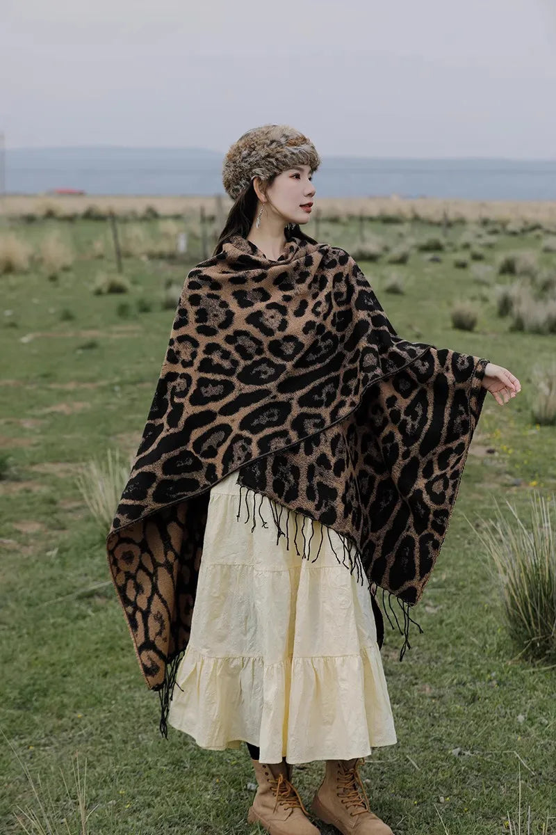 Vintage Boho Leopard Print Soft Over-the-Head Cloaks With Tassels