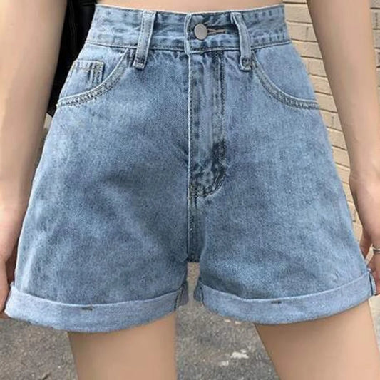 Rolled Edge Denim Shorts Blue Black Gray A-Line Short Jeans
