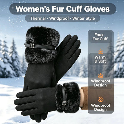 Warm Gloves Fleece Lined Windproof Cold-Resistant Touchscreen Compatible with Plush Decoration