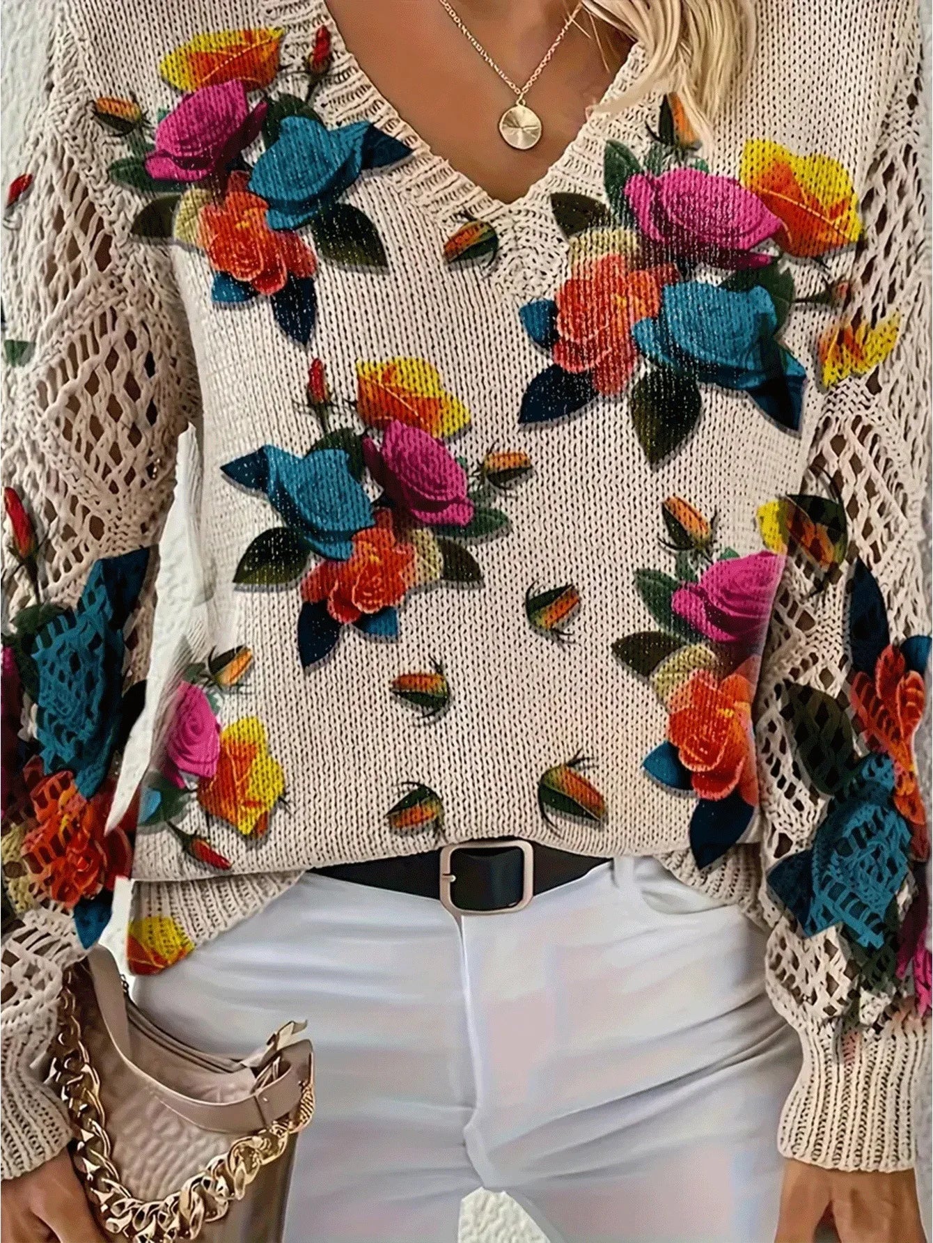 Boho Floral Print V Neck Crocheted Long Sleeved Sweater with Hollowed Out Knit Sleeves in 12 Different Designs