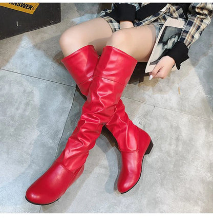 Knee High Boots, in Red, Black, and White, Tall Boots with Low Heel