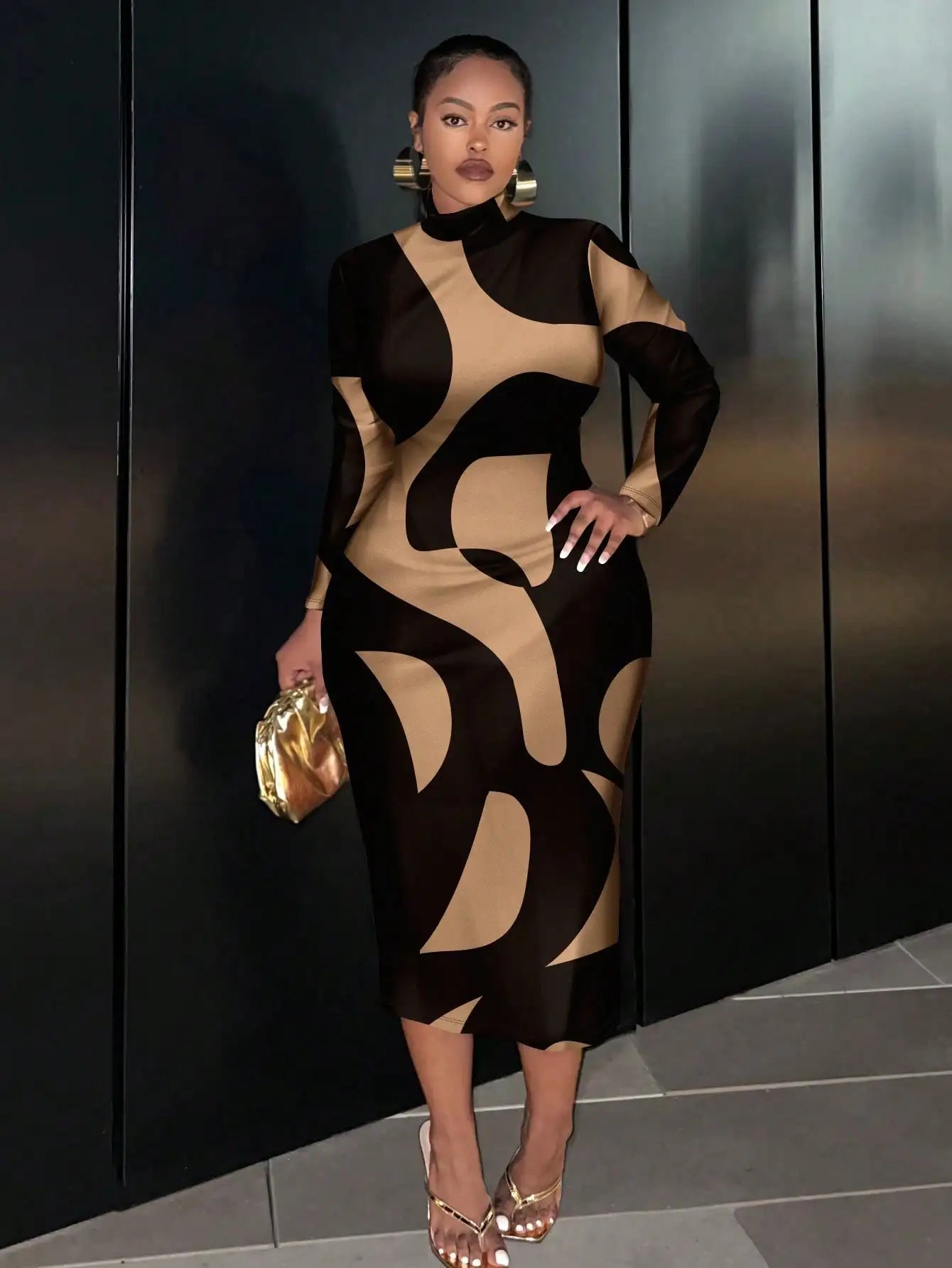 Plus Size to 4XL Tan and Black Dress fitted with Long Sleeves