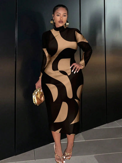 Plus Size to 4XL Tan and Black Dress fitted with Long Sleeves