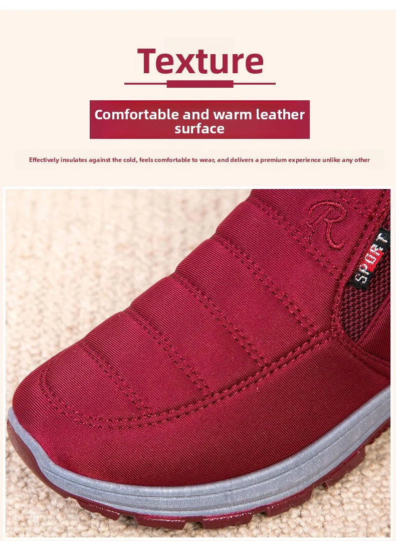 Waterproof Plush, Warm Ankle Snow Boots in Red, Black, Blue, Green, and Tan.