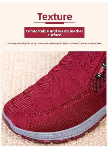 Waterproof Plush, Warm Ankle Snow Boots in Red, Black, Blue, Green, and Tan.