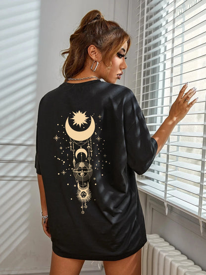 Sun Moon Stars Rain T-shirt Simple Round Neck Short Sleeve Loose T-shirt