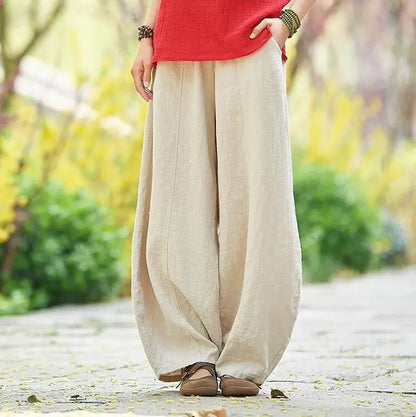 Up to 4XL Vintage Cotton Linen Blend Wide Leg Pants with elastic Waist and Pockets