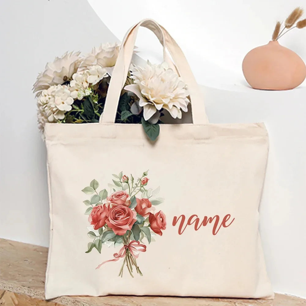 Personalized Shoulder Bag Birth Month Flower and Name Tote Bag, Monogrammed Canvas Bags