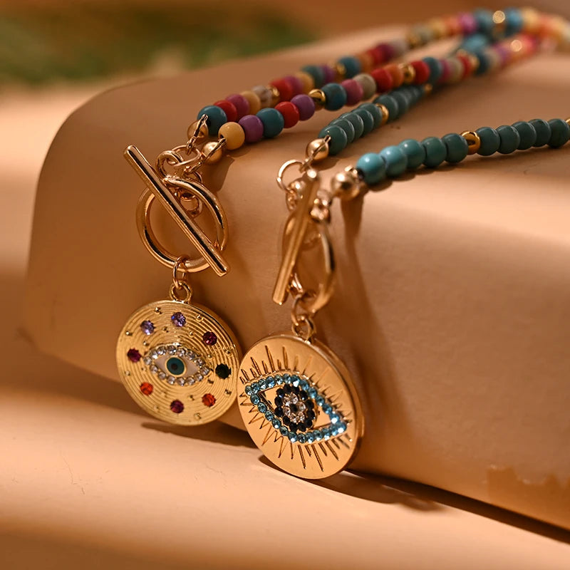 4mm Colorful Stone Choker Necklace Round Charm Pendant with interesting Clasp