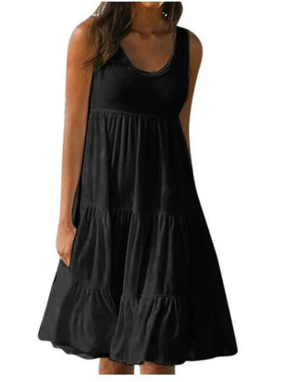 Sizes to 5XL, Casual Boho Tank Top Neck, Sleeveless, Tiered Ruffles, Oversized Loose Dress