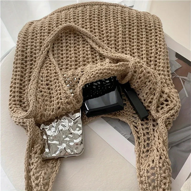 Solid Color Large Boho  Knit Shoulder Bag Crochet Tote