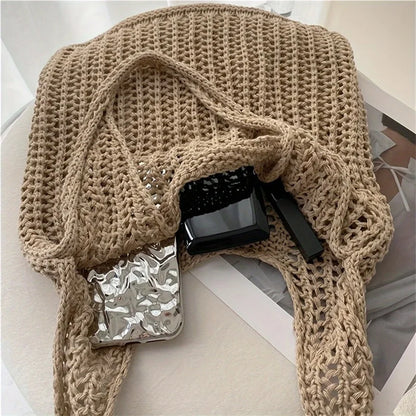 Solid Color Large Boho  Knit Shoulder Bag Crochet Tote