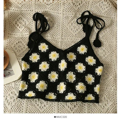 Floral Sleeveless Crochet Top with lace-up shoulder straps