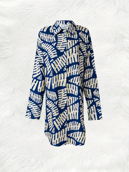 Sizes to XXL Long Sleeve Casual Dress, Blue and White Geometric Print, Button Down A Line Dress