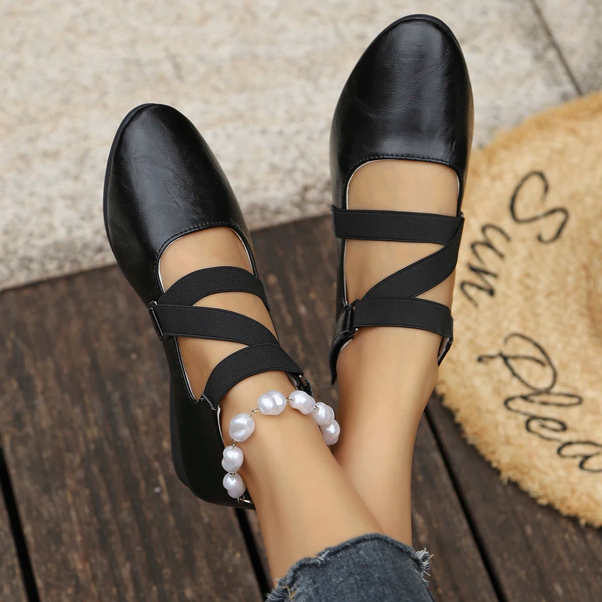 Mary Jane Flats with 1 Pearl Ankle Strap, Retro French Style Cross Elastic Band Shoes