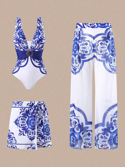 Sexy Three-Piece Swimsuit Set, High Elasticity Backless Swimwear. Skirt and Pants
