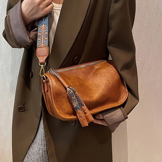 Zipper Closure  Crossbody Bag, Stylish Leather Shoulder Bag with Wide Strap