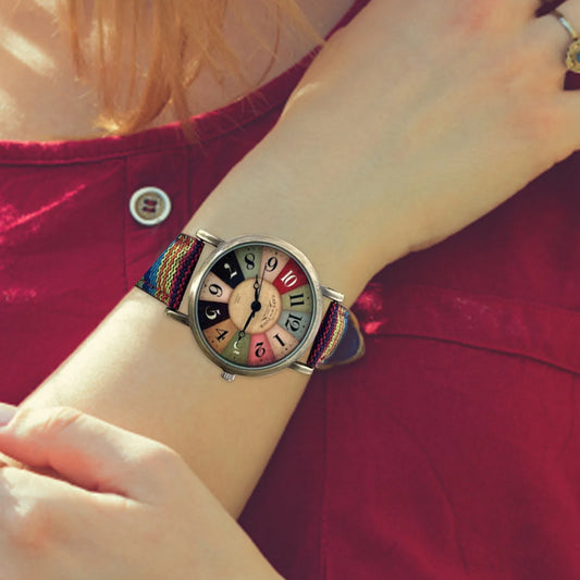 Boho Multi Color Rainbow Pattern Watches, Boho Hippie PU Leather Woven Strap