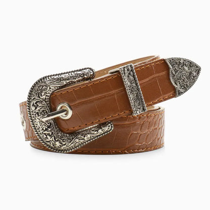 Gothic Retro Western Style Etched PU Leather with Metal Pin Buckle and End Caps