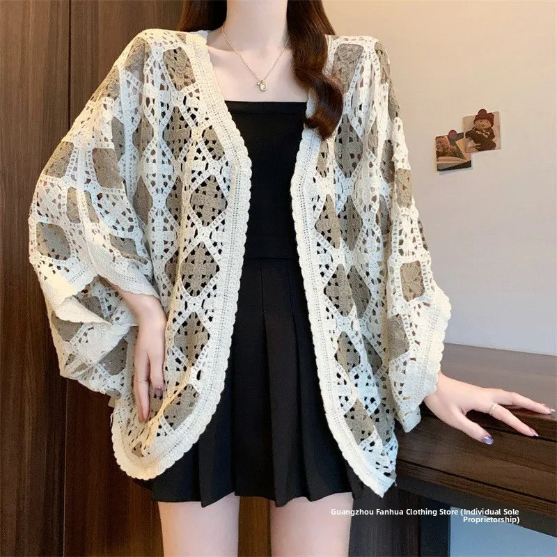 Bohemian Style Hollowed-out Long Sleeve Light Weight Sweater with V Neck and Batwing Sleeves