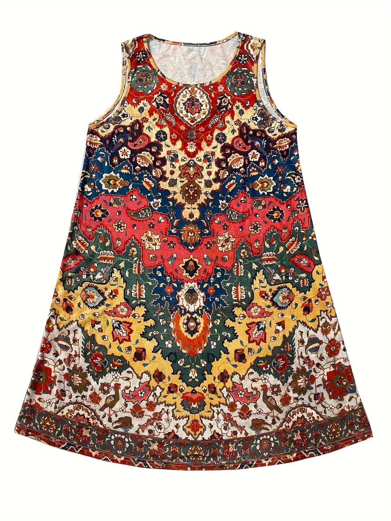 Bohemian Sleeveless Round, A Line Neck, Knee Length, Floral Midi Dress