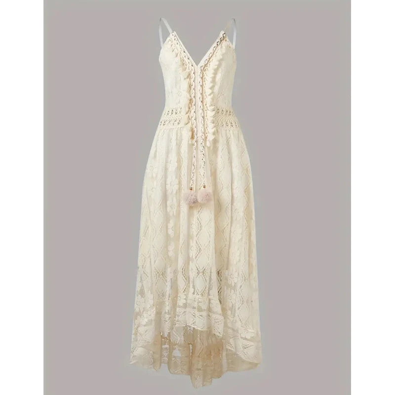 Bohemian Summer Casual V Neck Lace Spaghetti Strap Sundress with High/Low Hem