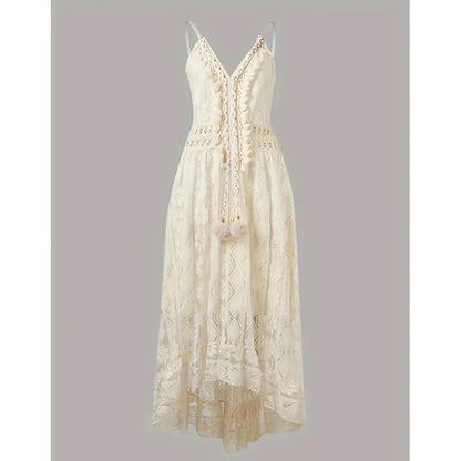 Bohemian Summer Casual V Neck Lace Spaghetti Strap Sundress with High/Low Hem
