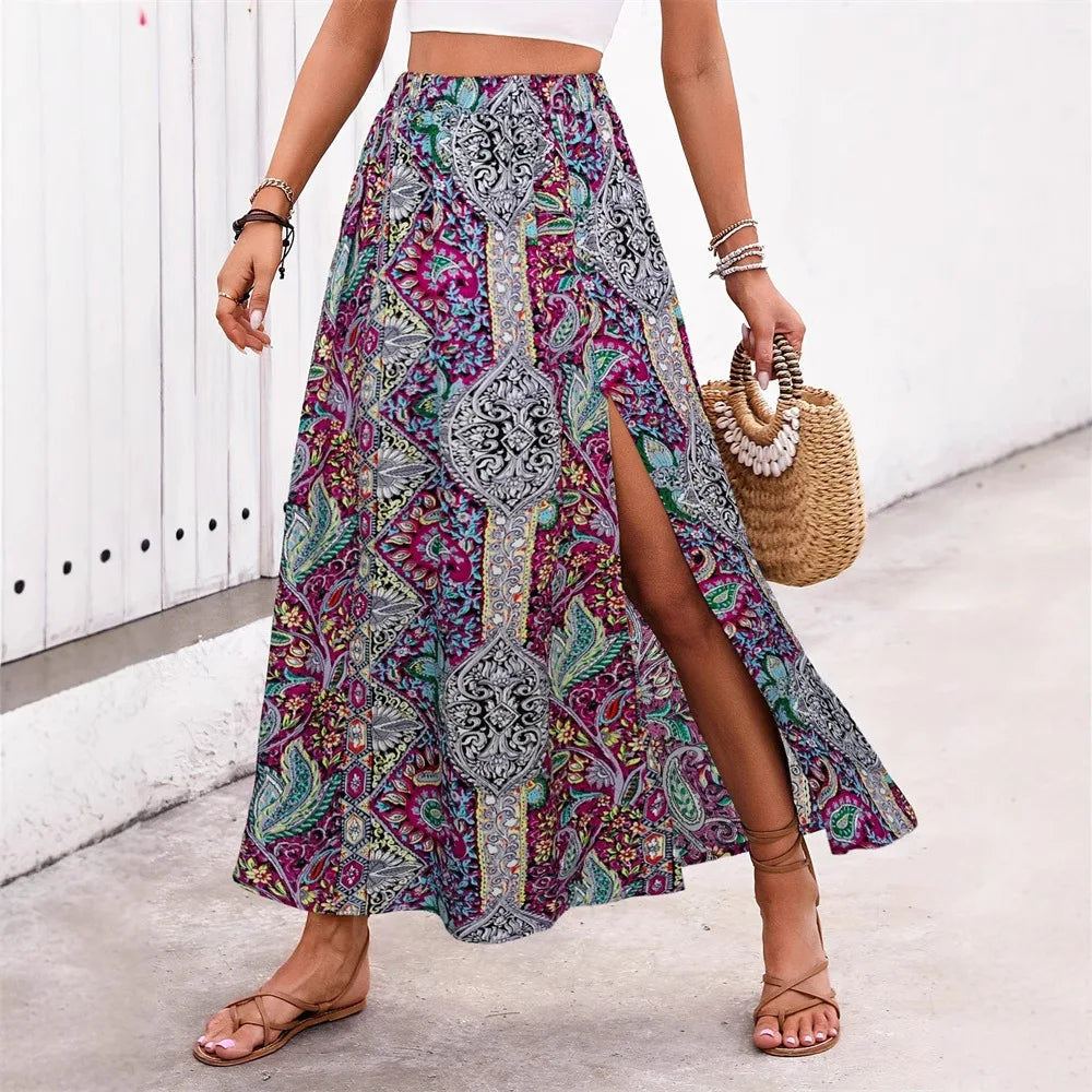 Bohemian Retro Floral Print Skirts Indie Folk High Waist A-Line Pleated Long Skirts with Slit