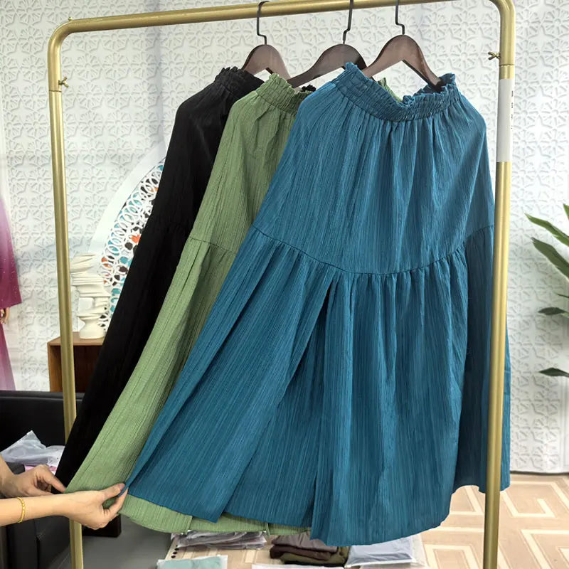 Bohemian Midi Skirt, High Waisted, Solid Colors, Casual with Side Slit, 3 Colors