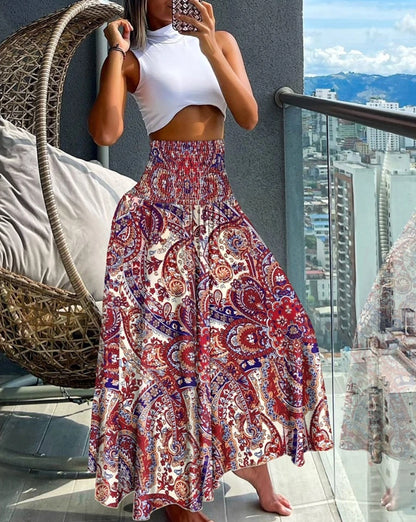 8 Designs of Long Paisley Print Flowy Boho Skirt With Tall Elastic Waist