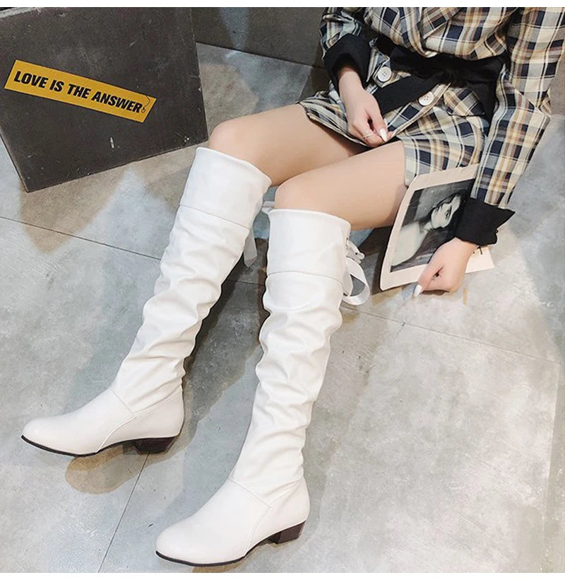 Knee High Boots, in Red, Black, and White, Tall Boots with Low Heel