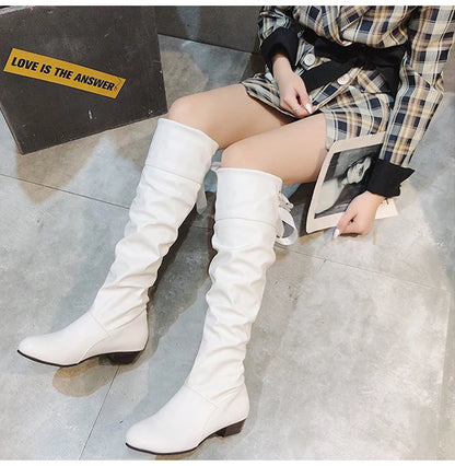 Knee High Boots, in Red, Black, and White, Tall Boots with Low Heel