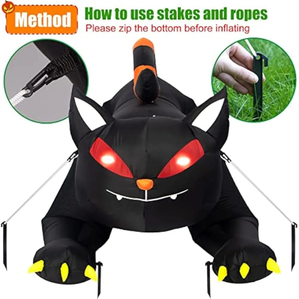 Halloween Inflatable 1.8m Black Cat, Moves His Head,  LED Lights Indoor or Outdoor Air-blown Decoration