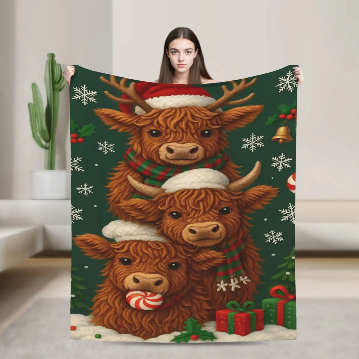 Christmas Highland Cow Fleece Blanket t for Home 150*125cm Piece. 25 Different Prints