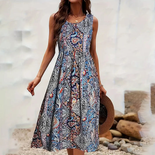 Cinched Waist Printed Sleeveless Tank Top Dress, Crew Neck, Midi Length