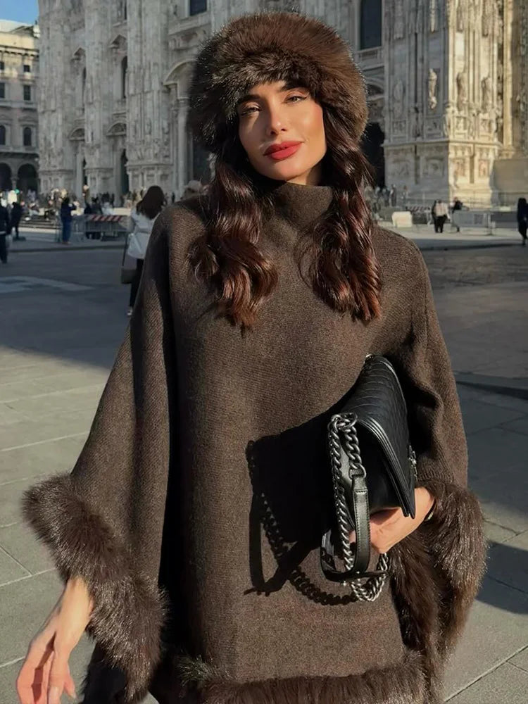 Chic Faux Fur Edged Cape High Collar Casual Loose Knitted