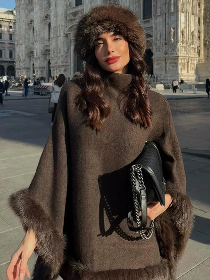 Chic Faux Fur Edged Cape High Collar Casual Loose Knitted