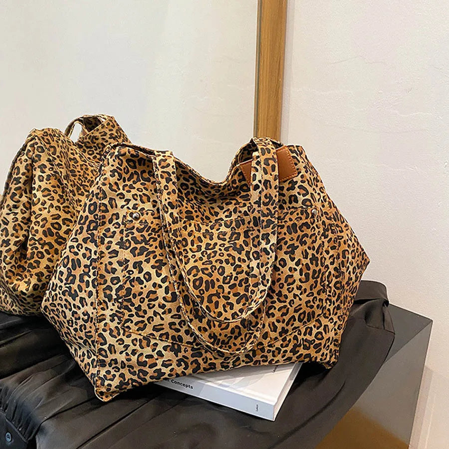 Leopard Pattern Tote Bag Vintage Canvas Shoulder Bag Big Capacity Handbag
