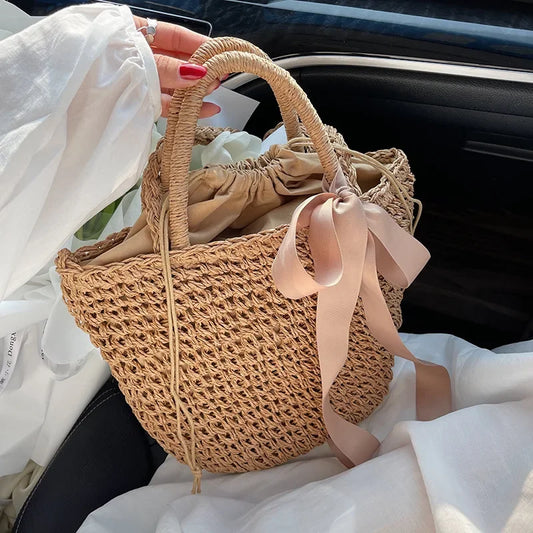 Vintage Bow Decors Bucket Shoulder Handmade Straw Bag with Drawstring Close Lining