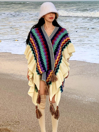 Vintage Bohemian Chic Capes Boho Ruffles Knitted Ethnic Design with Tassels