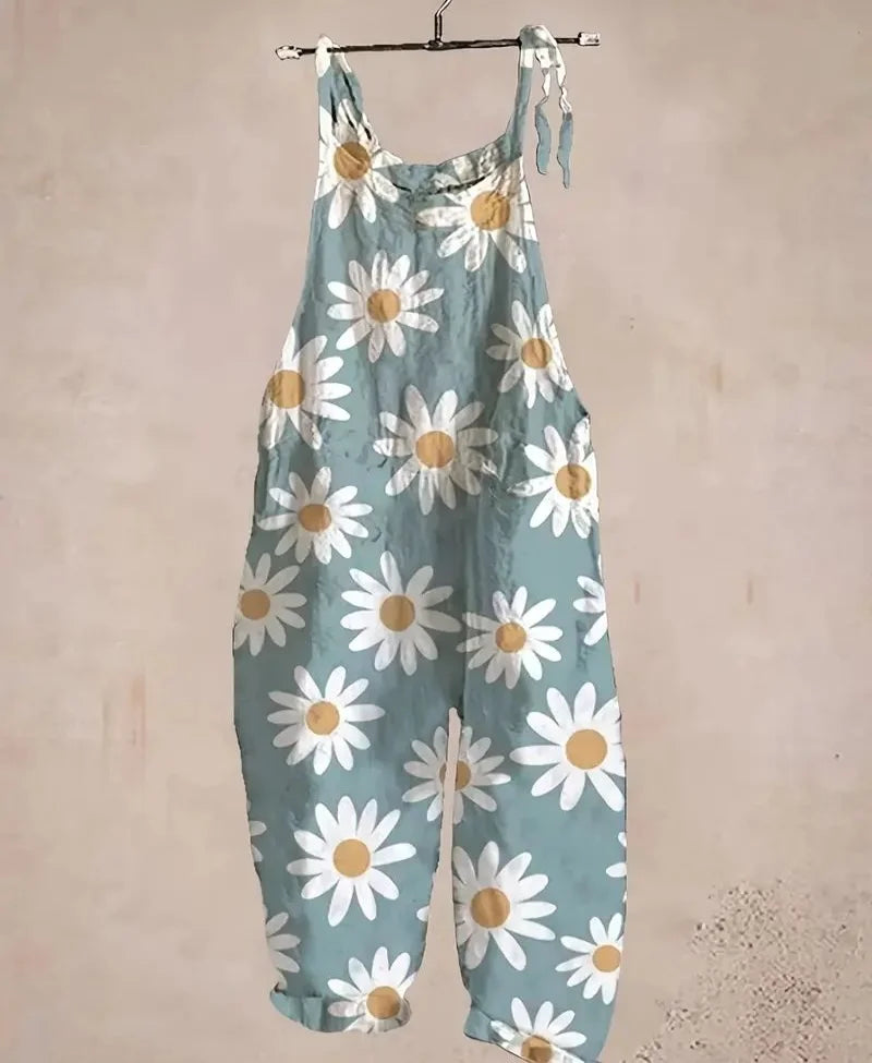 Sizes 1XL-5XL  Floral Print Sleeveless, Casual, V-Neck, Lace-Up Straps Jumpsuit